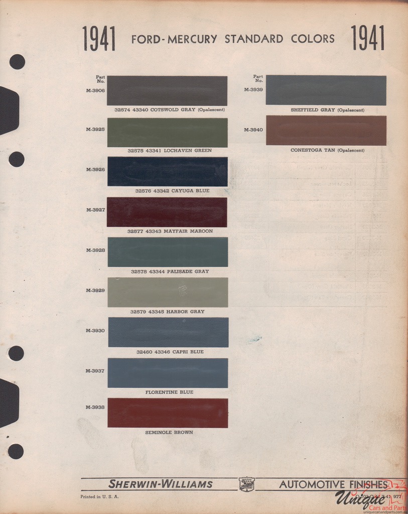 1941 Ford Paint Charts Sherwin-Williams